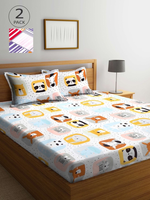 

KLOTTHE White & Mustard Cartoon Characters 210 TC 2 King Bedsheet with 4 Pillow Covers