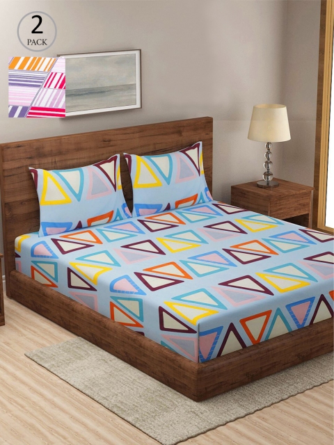 

KLOTTHE Blue & Orange Geometric 210 TC 2 King Bedsheet with 4 Pillow Covers