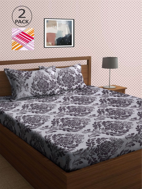 

KLOTTHE White & Grey 210 TC 2 King Bedsheet with 4 Pillow Covers