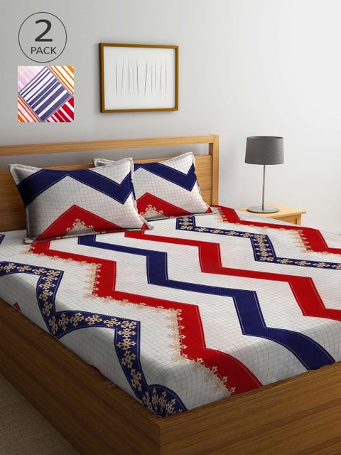 

KLOTTHE White & Red Geometric 210 TC 2 King Bedsheet with 4 Pillow Covers