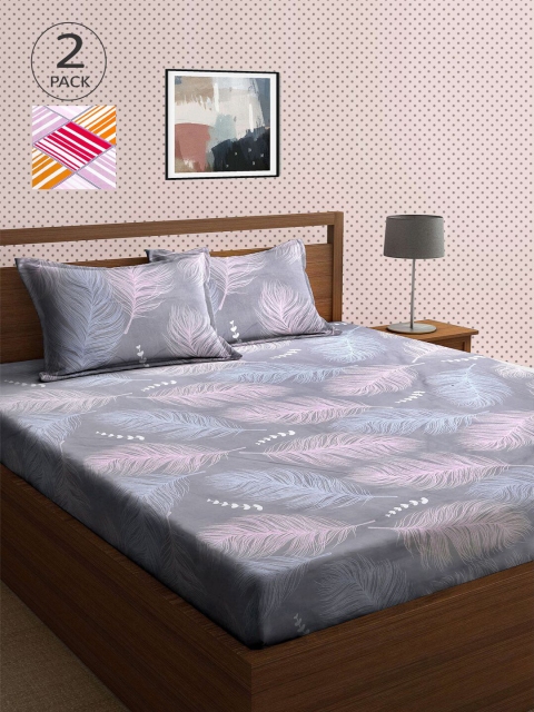 

KLOTTHE Grey & White Floral 210 TC 2 King Bedsheet with 4 Pillow Covers