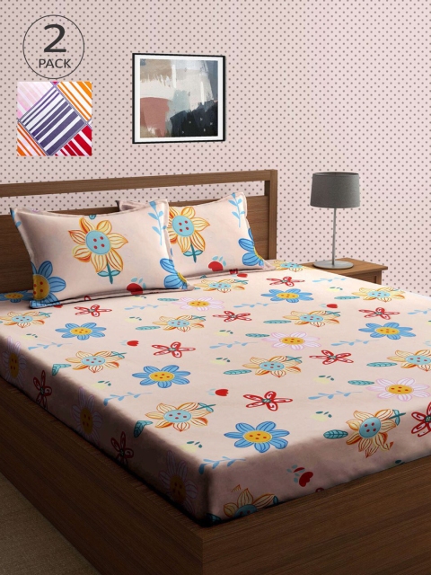 

KLOTTHE Pack Of 2 210 TC Cotton 2 King Bedsheet with 4 Pillow Covers, Multi