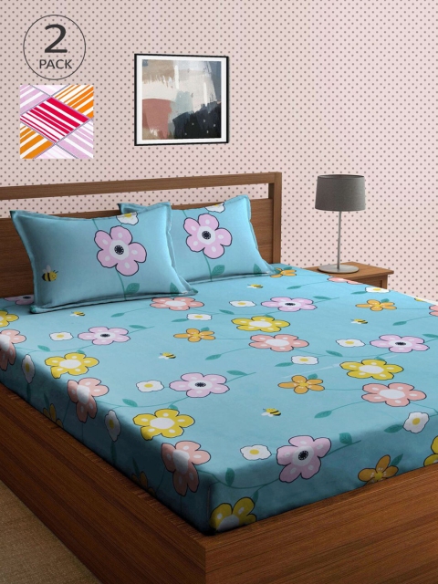 

KLOTTHE Blue & White Floral 210 TC 2 King Bedsheet with 4 Pillow Covers