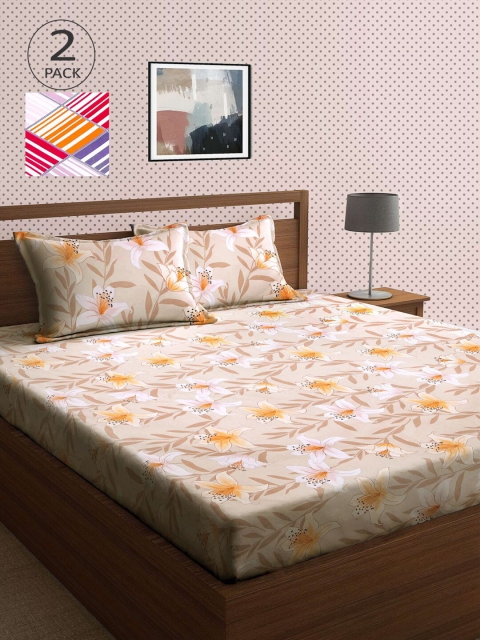 

KLOTTHE Beige & White Floral 210 TC 2 King Bedsheet with 4 Pillow Covers