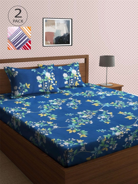 

KLOTTHE Multi Floral 210 TC 2 King Bedsheet with 4 Pillow Covers, Blue