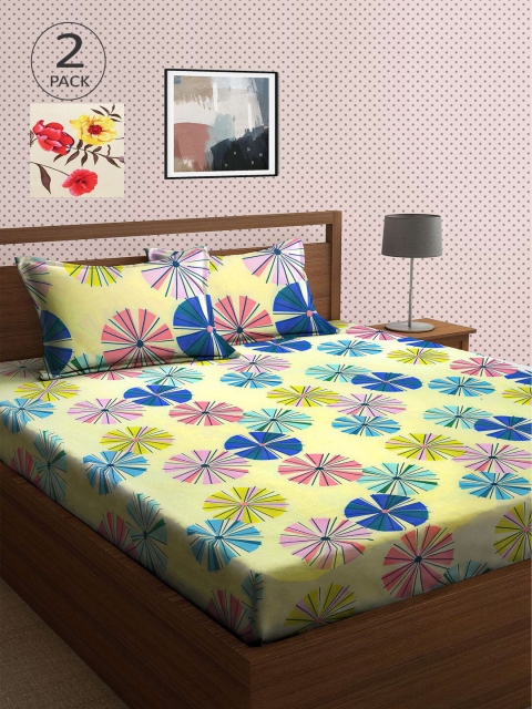 

KLOTTHE Yellow & Blue Floral 210 TC 2 King Bedsheet with 4 Pillow Covers