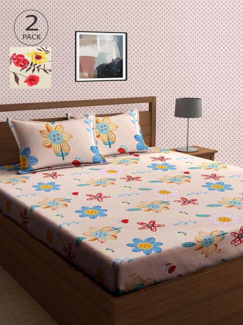 

KLOTTHE Pink & Beige Floral 210 TC 2 King Bedsheet with 4 Pillow Covers