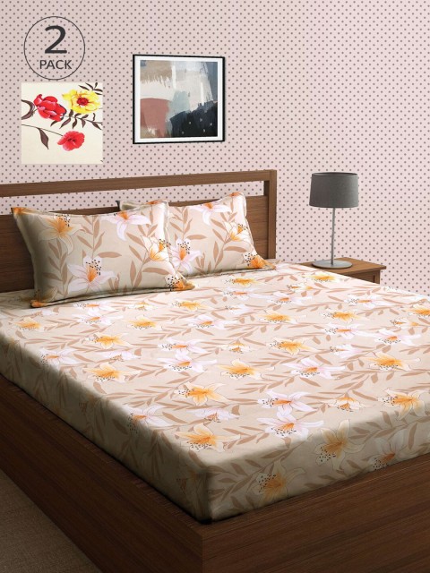 

KLOTTHE Beige & Yellow Floral 210 TC 2 King Bedsheet with 4 Pillow Covers