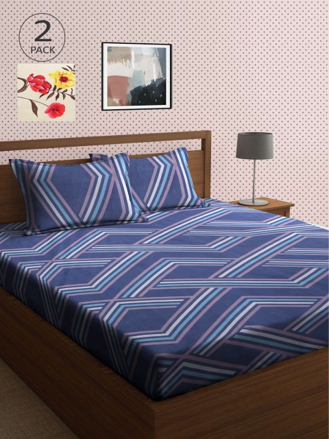 

KLOTTHE Blue & Beige Geometric 210 TC 2 King Bedsheet with 4 Pillow Covers