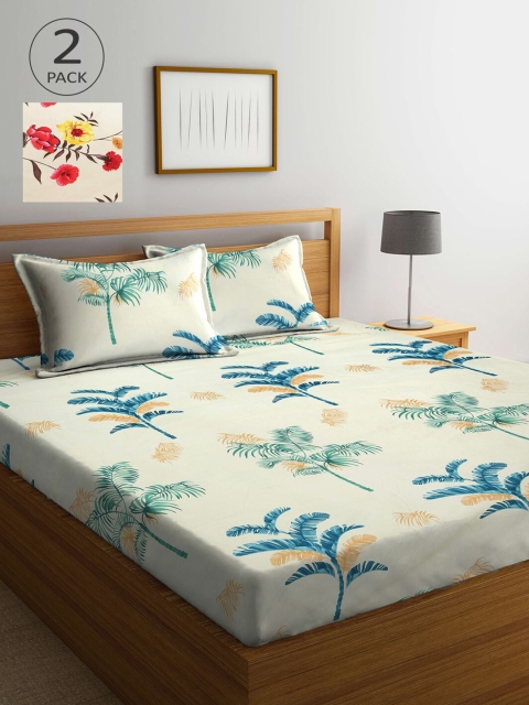 

KLOTTHE Cream-Coloured & Red Floral 210 TC 2 King Bedsheet with 4 Pillow Covers