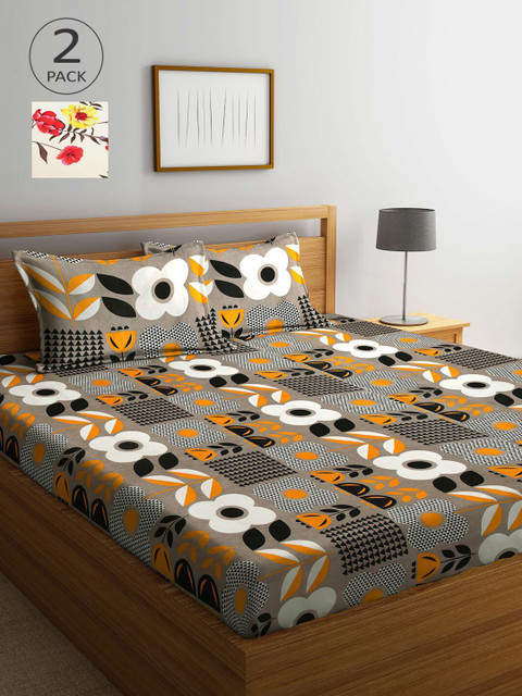 

KLOTTHE Beige & Grey Floral 210 TC 2 King Bedsheet with 4 Pillow Covers