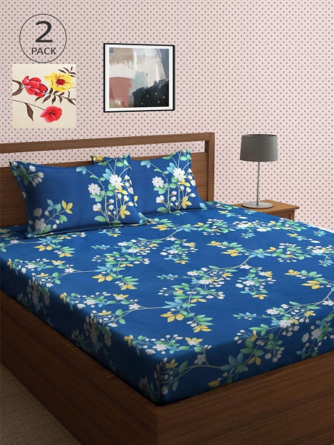 

KLOTTHE Blue & Yellow Floral 210 TC 2 King Bedsheet with 4 Pillow Covers