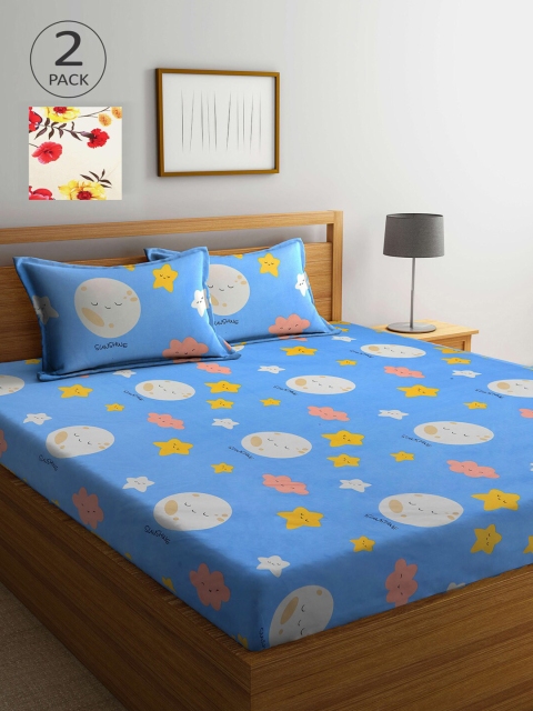 

KLOTTHE Blue & Cream-Coloured Cartoon Characters 210 TC 2 King Bedsheet with 4 Pillow Covers
