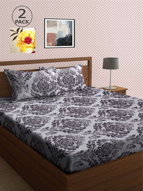 

KLOTTHE Beige & Grey Floral 210 TC 2 King Bedsheet with 4 Pillow Covers