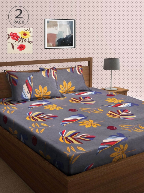 

KLOTTHE Multi Floral 210 TC 2 King Bedsheet with 4 Pillow Covers, Grey