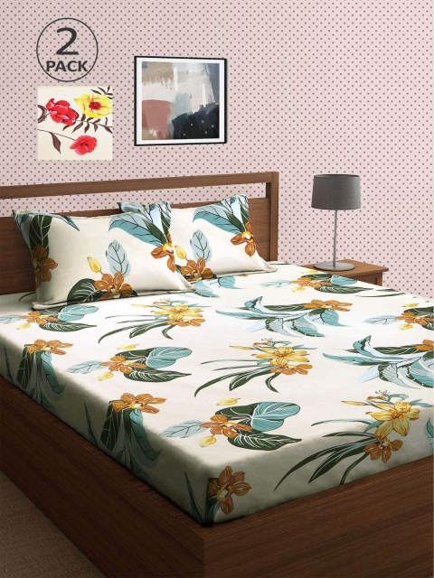 

KLOTTHE White & Green Floral 210 TC 2 King Bedsheet with 4 Pillow Covers