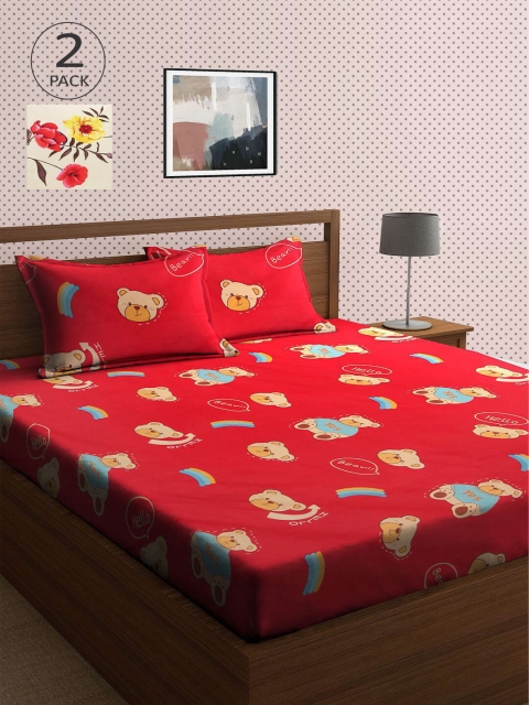 

KLOTTHE Red & Yellow Floral 210 TC 2 King Bedsheet with 4 Pillow Covers
