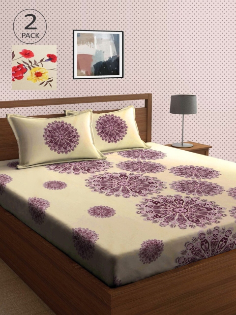 

KLOTTHE Cream-Coloured & Mauve 210 TC 2 King Bedsheet with 4 Pillow Covers