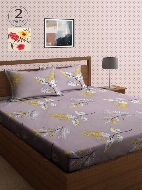 

KLOTTHE Beige & Grey Floral 210 TC 2 King Bedsheet with 4 Pillow Covers