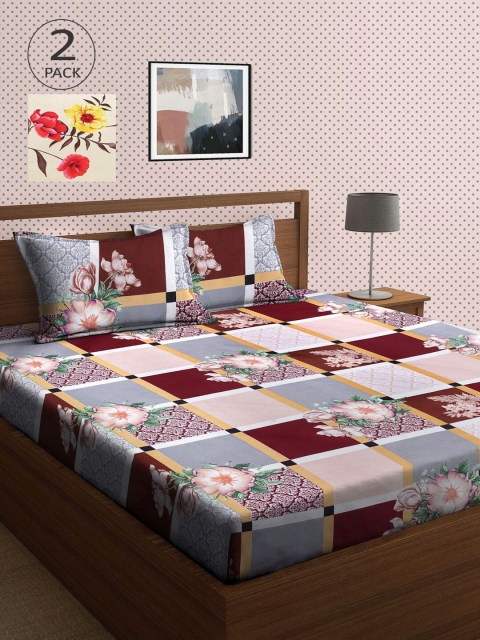 

KLOTTHE Brown & Yellow Floral 210 TC 2 King Bedsheet with 4 Pillow Covers