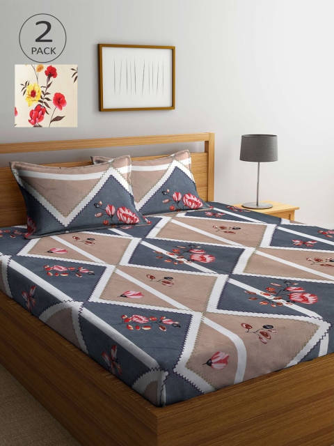 

KLOTTHE Grey & Beige Floral 210 TC 2 King Bedsheet with 4 Pillow Covers
