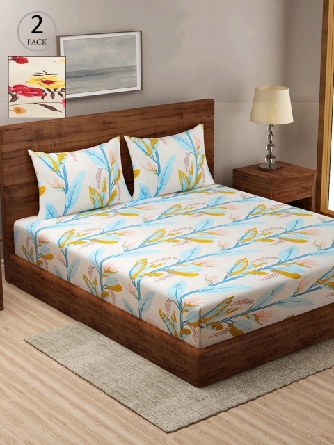 

KLOTTHE White & Beige Floral 210 TC 2 King Bedsheet with 4 Pillow Covers