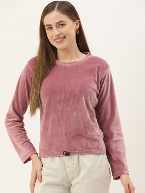 

BROOWL Peach-Coloured Velvet Round Neck Regular Top