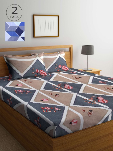 

KLOTTHE Blue & Brown Floral 210 TC 2 King Bedsheet with 4 Pillow Covers
