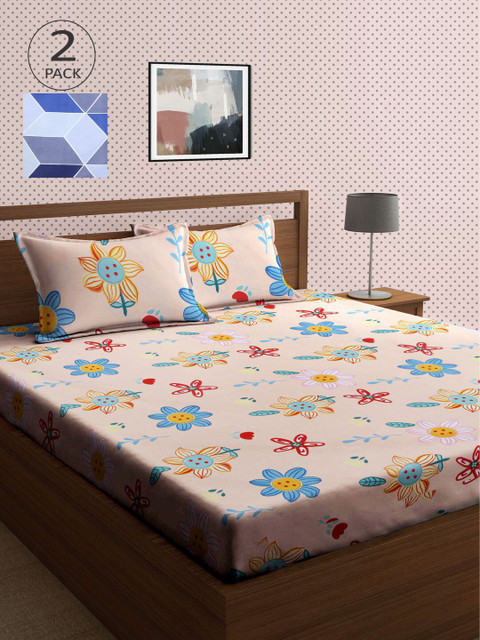 

KLOTTHE Pink & Blue Floral 210 TC 2 King Bedsheet with 4 Pillow Covers