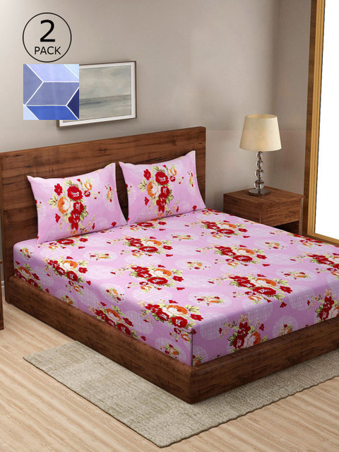 

KLOTTHE Blue & Pink Floral 210 TC 2 King Bedsheet with 4 Pillow Covers