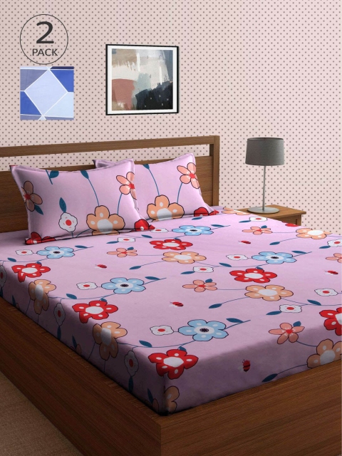

KLOTTHE Pink & Blue Floral 210 TC 2 King Bedsheet with 4 Pillow Covers