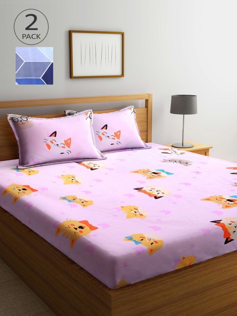 

KLOTTHE Pink & Yellow Cartoon Characters 210 TC 2 King Bedsheet with 4 Pillow Covers
