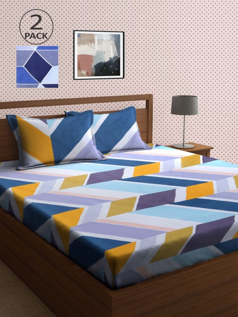 

KLOTTHE Blue & Yellow Geometric 210 TC 2 King Bedsheet with 4 Pillow Covers