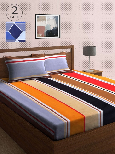 

KLOTTHE Blue & Orange Striped 210 TC 2 King Bedsheet with 4 Pillow Covers