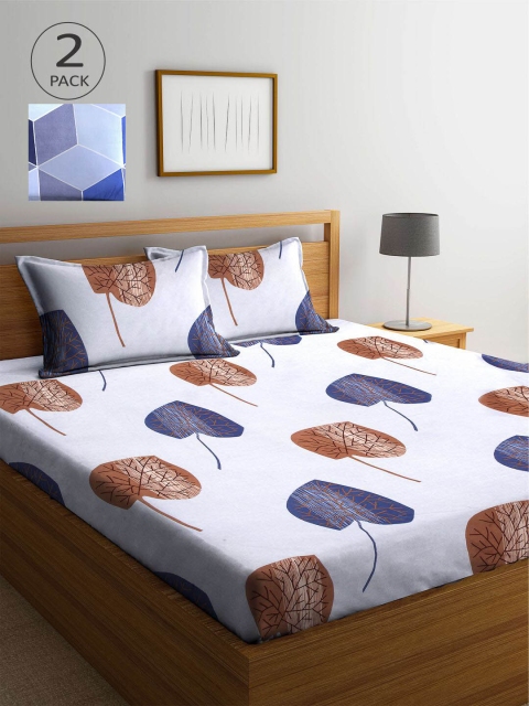 

KLOTTHE White & Blue Floral 210 TC 2 King Bedsheet with 4 Pillow Covers