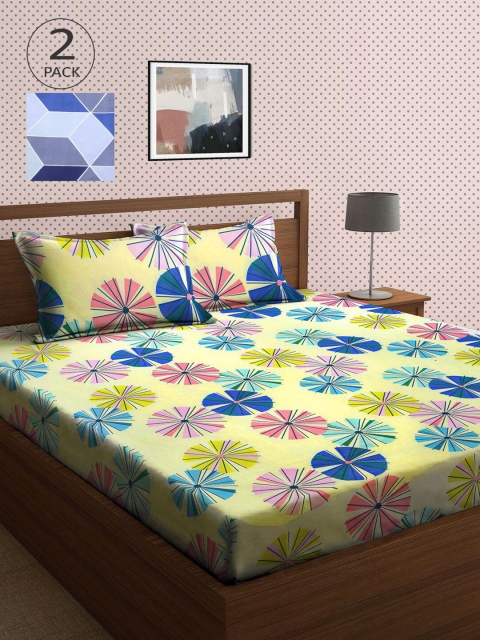 

KLOTTHE Blue & Yellow Geometric 210 TC 2 King Bedsheet with 4 Pillow Covers