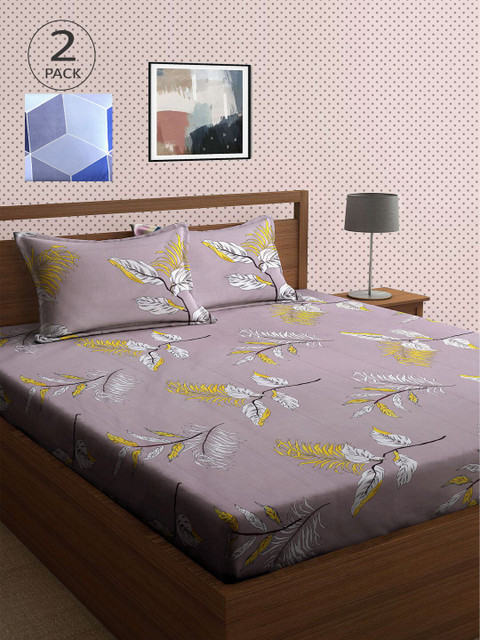 

KLOTTHE Grey & Blue Floral 210 TC 2 King Bedsheet with 4 Pillow Covers