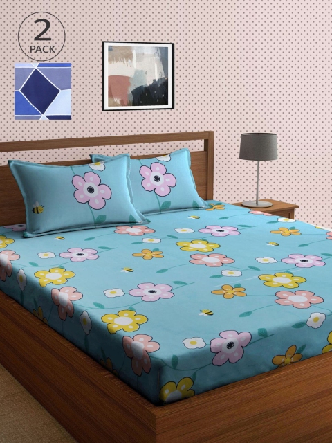 

KLOTTHE Blue & Yellow Floral 210 TC 2 King Bedsheet with 4 Pillow Covers