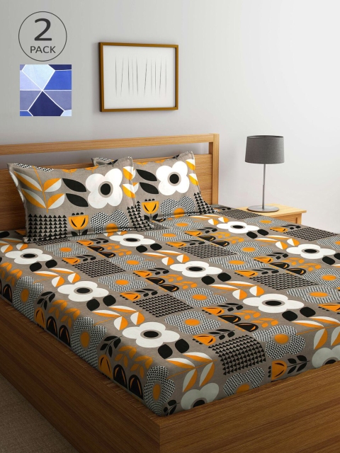 

KLOTTHE Grey & Blue Floral 210 TC 2 King Bedsheet with 4 Pillow Covers