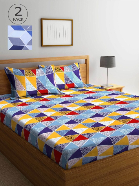 

KLOTTHE Blue & Yellow Geometric 210 TC 2 King Bedsheet with 4 Pillow Covers