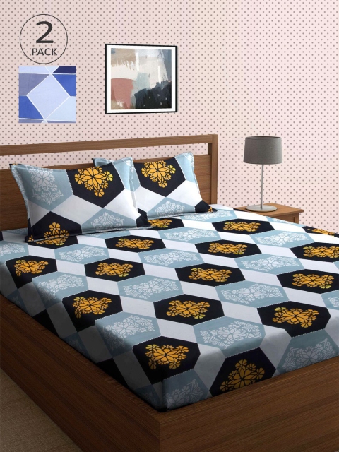 

KLOTTHE Blue & White Geometric 210 TC 2 King Bedsheet with 4 Pillow Covers