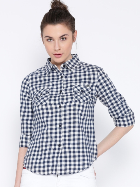 

Flying Machine Women Navy Blue Checked Casual Shirt