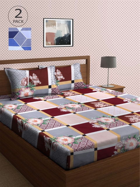 

KLOTTHE Grey & Brown Floral 210 TC 2 King Bedsheet with 4 Pillow Covers