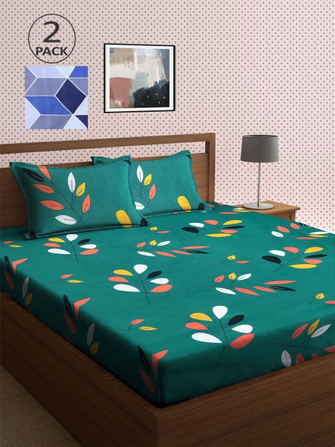 

KLOTTHE Green & Blue Floral 210 TC 2 King Bedsheet with 4 Pillow Covers