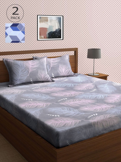 

KLOTTHE Blue & Grey Floral 210 TC 2 King Bedsheet with 4 Pillow Covers