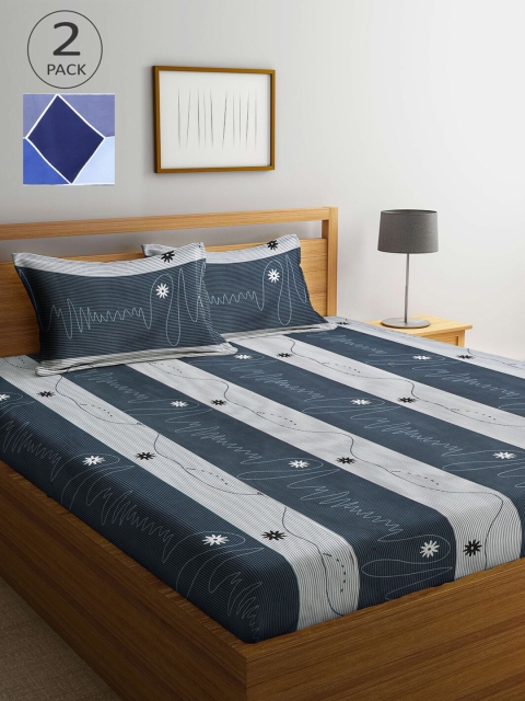 

KLOTTHE Grey & Blue Striped 210 TC 2 King Bedsheet with 4 Pillow Covers