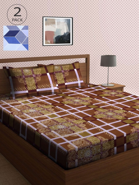 

KLOTTHE Brown & Blue Geometric 210 TC 2 King Bedsheet with 4 Pillow Covers