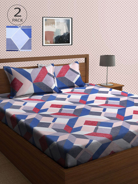 

KLOTTHE Blue & Red Geometric 210 TC 2 King Bedsheet with 4 Pillow Covers