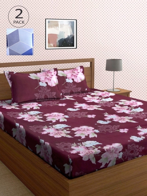 

KLOTTHE Maroon & Blue Floral 210 TC 2 King Bedsheet with 4 Pillow Covers