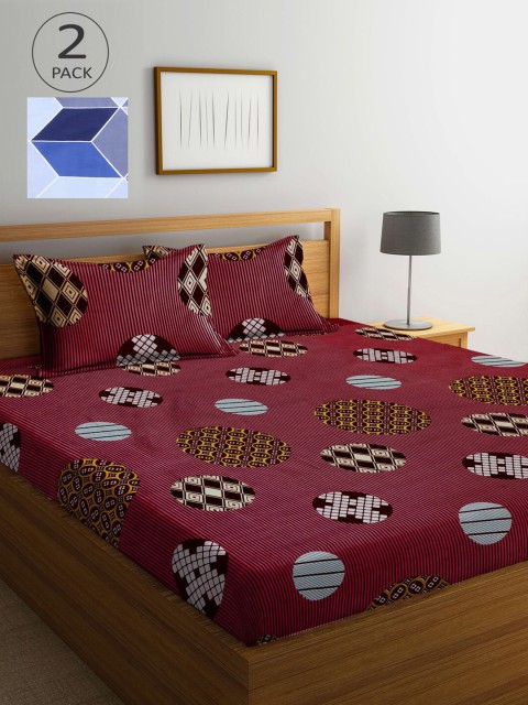 

KLOTTHE Maroon & Blue Geometric 210 TC 2 King Bedsheet with 4 Pillow Covers